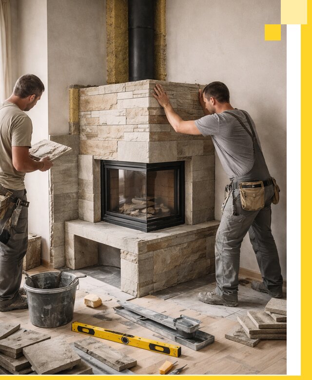 Угловые камины под ключ проект, монтаж и отделка в Отрадном