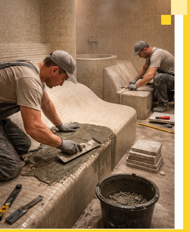 Лежаки для хамама под ключ в Отрадном, проект и монтаж